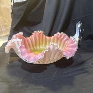 stevens and williams glass Victorian Cased Yellow Peach Ruffled Brides Bowl - Picture 1 of 20
