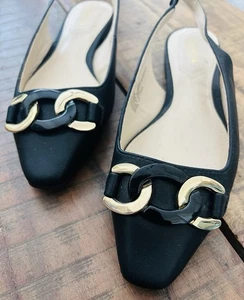 New Liz Claiborne Black Gold Chain Pointed Toe Chic Slingback Flats 7.5 W - Picture 1 of 3