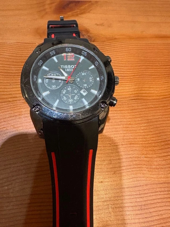 TISSOT Quartz Chronograph Wristwatch Stainless Steel Black Red Rubber Band - image 1 of 1