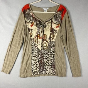 Tempo Paris Printed Top Womens Large Animal Stretchy Soft Long Sleeve Artsy - Picture 1 of 13