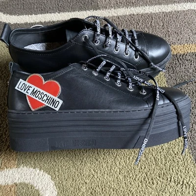 Love Moschino Talla 10 Zapatillas Plataforma Cuero Negro Lujo Diseñador Bougie Foto 1 de 4
