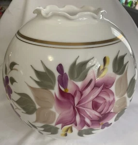 Vtg GWTW 10” Pink Floral Green Leaves Milk Glass Hurricane Oil Ball Lamp Shade - Picture 1 of 10