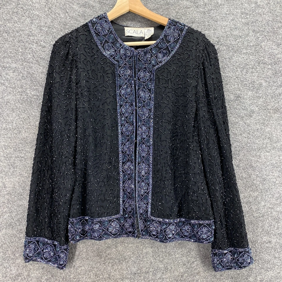 Scala блузка женщин S маленький черный ворота длинным рукавом шелк со стразами повседневный - Изображение 1 из 4