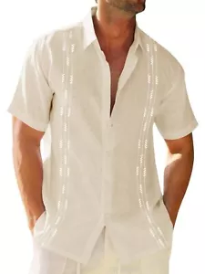 Mens Linen Shirt Guayabera Cuban Short Sleeve Button Down Cotton Summer Beach... - Picture 1 of 6