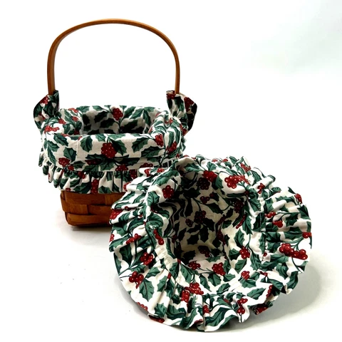 Vintage 1991 Longaberger Square Basket with Handle Christmas Holly Liner Cover