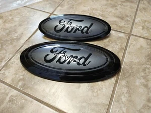 2021-22 F150 emblems CARBONIZED GRAY & BLACK, NO front Camera smooth SR - Picture 1 of 4