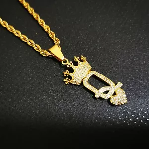 Queen Of Hearts Crown Pendant On 24" Rope Chain Simulated Diamond 18k Gold Layer - Picture 1 of 3