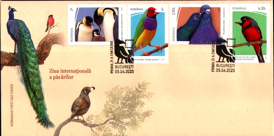2023 Birds,Rock pigeon,Gouldian finch,Emperor penguin,broadbill,Romania,8172,FDC - Image 1 of 1