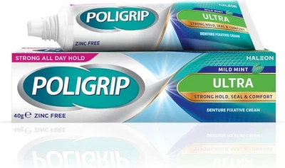 Poligrip Denture Adhesive Cream False Teeth and Partials Fixative Ultra 40 g UK