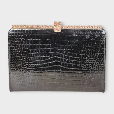 BLUTCH VINTAGE MORLE IMITACIÓN COCODRILO NEGRO CON MARCASITA Y PIEDRAS ROJAS Foto 1 de 4