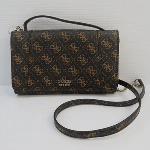 Guess Crossbody Wallet Bag Womens Brown Logo Print Chain Strap Silver Hardware - Picture 1 of 11