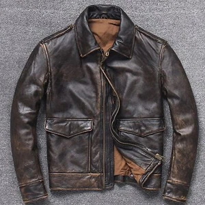 Chaqueta de cuero real marrón envejecido estilo fuerza aérea bombardero A2 vintage para hombre - Imagen 1 de 3