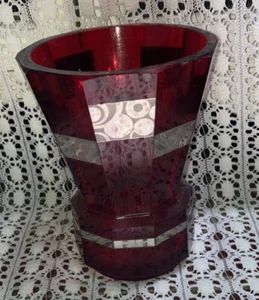 1930 Art Deco Bohemian Czech Karl Palda Haida Ruby Red Glass Geometric Vase - Picture 1 of 7