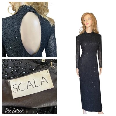 Scala Bodycon Dress Maxi-Halter Beading/Sequin Built-Bra Silk Size (4-6 ?) - Image 1 of 4
