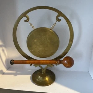 Vintage Etched Brass Small Gong with Stand and Striker India - Picture 1 of 4