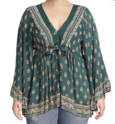❤️Romantic Gypsy Bohemian Kimono 2X Forest Green Floral Print Lace Trim NWT - Image 1 of 4