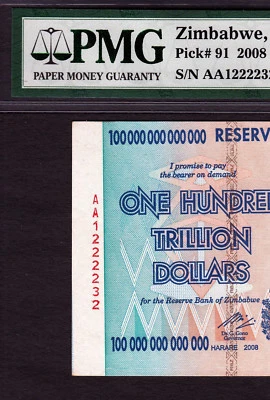 Zimbabwe 100 Trillion MASSIVE SERIAL SHIFTED ERROR 2008 Pick-91 CH UNC PMG 63 - Image 1 of 4