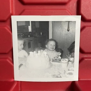 Young Girl With Birthday Cake Smiling B 3 1/2 x 3 1/2 Photograph Vintage 1970 - Picture 1 of 2