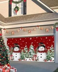 Christmas Garage Door Banner Cover 7 x 8 ft, Merry xmas Happy Snowman Red Truck - Picture 1 of 10
