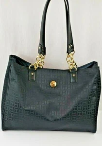 Tommy Hilfiger Black Jacquard Signature Tote Gold Chain Straps Pockets Large - Picture 1 of 11