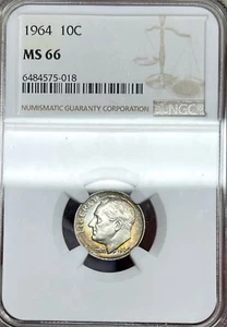 Rainbow Toned 1964 Roosevelt Dime NGC MS66 - Picture 1 of 2