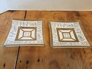 2 Vintage MCM Painted Glass Ashtray MAD Men era Clear Gold White Greek 6" - Picture 1 of 4