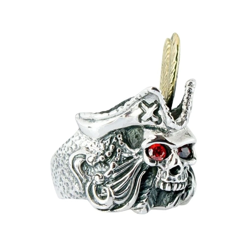 925 Sterling Silver Red Eye Skull Pirate Ring Biker Men's Gothic New - Image 1 of 4