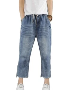 Women's Elastic Waist Cropped Jeans Baggy Drawstring Stretch Denim Pants with... - Picture 1 of 5
