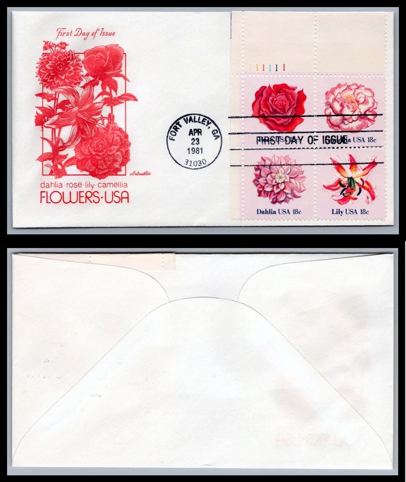 US FDC # 1876-1879 18c Flowers of America  Artmaster Plate Block UL 1981, 9Q987 - Image 1 of 1