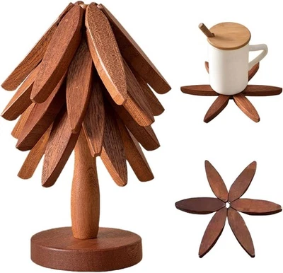 HSTOP Wooden Trivets for Hot Dishes, Tree-Shaped Trivet Set with Stand, Heat-Resistant