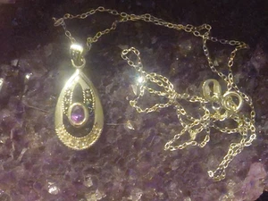 Sterling Silver Amethyst and Marcasite Pendant Signed MJ ?MS 925 Thai &925 Chain - Picture 1 of 9
