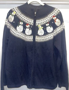 Christopher & Banks Navidad Muñeco de Nieve Cárdigan Suéter Para Mujer XL Azul Marino Cremallera Completa - Imagen 1 de 6