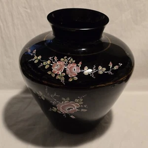 Fenton Kunstglas schwarze Vase 8" KUPFERROSE 1989 handbemalt signiert - Bild 1 von 16