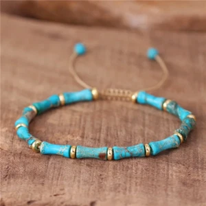 Blue Turquoise Tube Beads Gemstone Healing Inner Peace Reiki Women Men Bracelet - Picture 1 of 6