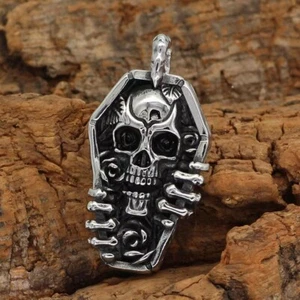 Mens Gothic Skull Coffin Pendant Necklace Chain 24" Punk Retro Rock Jewelry Gift - Picture 1 of 4