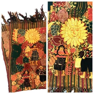 Vintage Vintage 60er 70er Jahre rot gelb gewebt Fransen bestickt Läufer Wandteppich - Bild 1 von 8