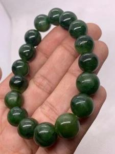 Natural Stone 12mm Nephrite Jade Beaded Bracelet Stretchable Handmade - Picture 1 of 7