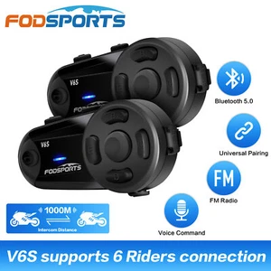 2x 1200M V6 S Motorcycle Intercom 2 Riders Motorbike Bluetooth Helmet Headset FM - Picture 1 of 13