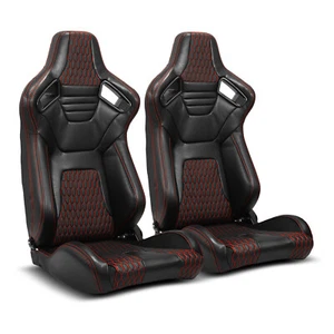 2 x Black+Red Stitching PVC leather L/R Reclinable Racing Seat+Slider - Bild 1 von 7