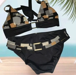Perry Ellis 2 Pc Swimsuit Size Medium Abstract Color Block Halter Top Bikini - Picture 1 of 20
