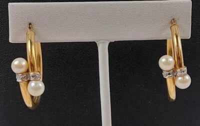 14K 2-Tone Gold & Pearl Hoop Earrings (4.6 g) - Image 1 of 4