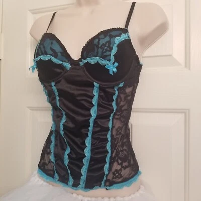Native Intimates Brand Black Satin Mesh Lace and Turquoise Accent Corset SZ 34B - Image 1 of 4