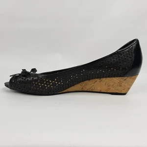 Easy Spirit - Black Cut Leather Peep Toe Cork Wedge Heel Shoes Size 11 - Picture 1 of 11