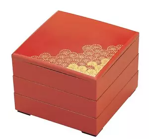 Bento, caja de almuerzo, caja de bento laca Jubako, bermellón con oro, crisantemo - Imagen 1 de 1