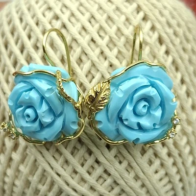 Orecchini da donna di Argento 925 Placato ORO GIALLO Pasta Di Turchese pendenti - Immagine 1 di 4