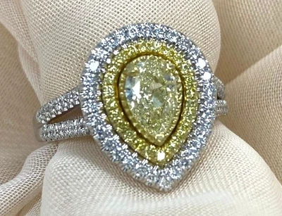 Anillo de oro de 14 k con doble halo de diamantes amarillos vivos de lujo cultivado en laboratorio tallado en pera de 1,70 quilates Foto 1 de 4