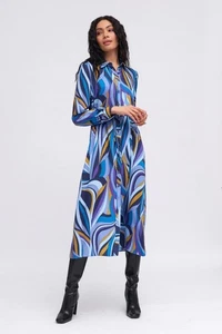 Tinta & Bariloche Zeline Shirt Maxi Dress Blue Geometric Print Belted Size XL - Picture 1 of 9
