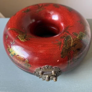 Vintage Chinese Donut Necklace Jewelry Box Red Lacquered W Flowers & Birds - Picture 1 of 12