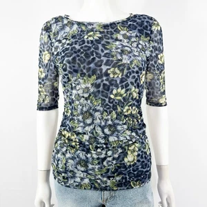 White House Black Market WHBM Blue Floral Leopard Print Top Size XS Sheer Ruched - Picture 1 of 11