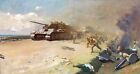 Large 20th Century WWII Russian T-34 Tanks & Infantry Battle Scene Oil Painting